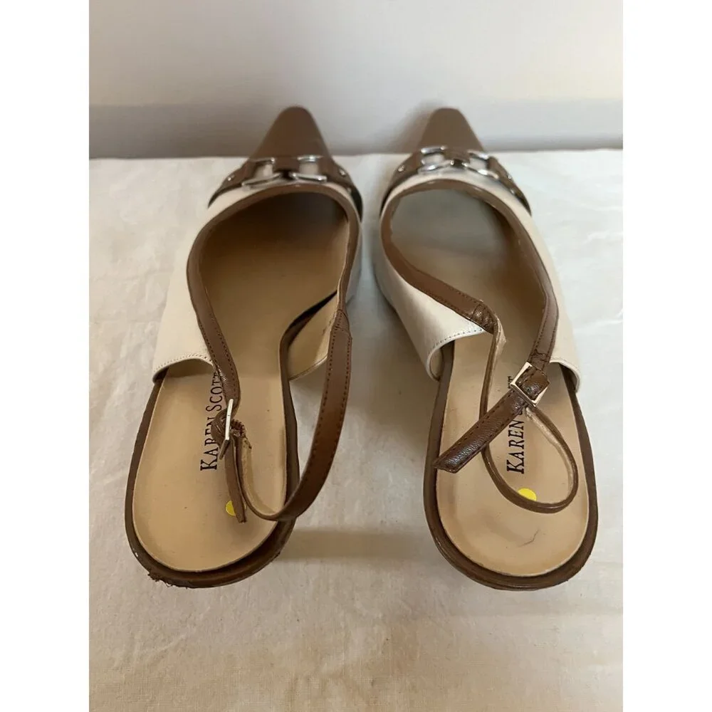 Y2K Vintage Leather Slingback Kitten Heel Spectator Pumps Cap Toe Brown White - Picture 10 of 11
